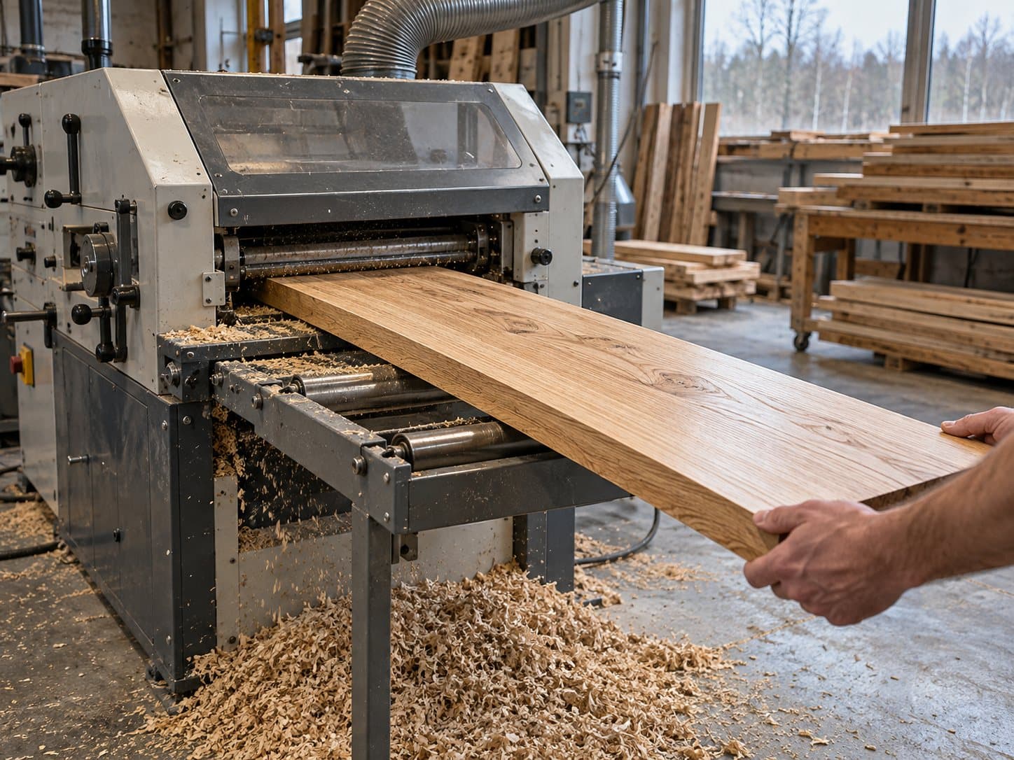 Oak boards going through the planer