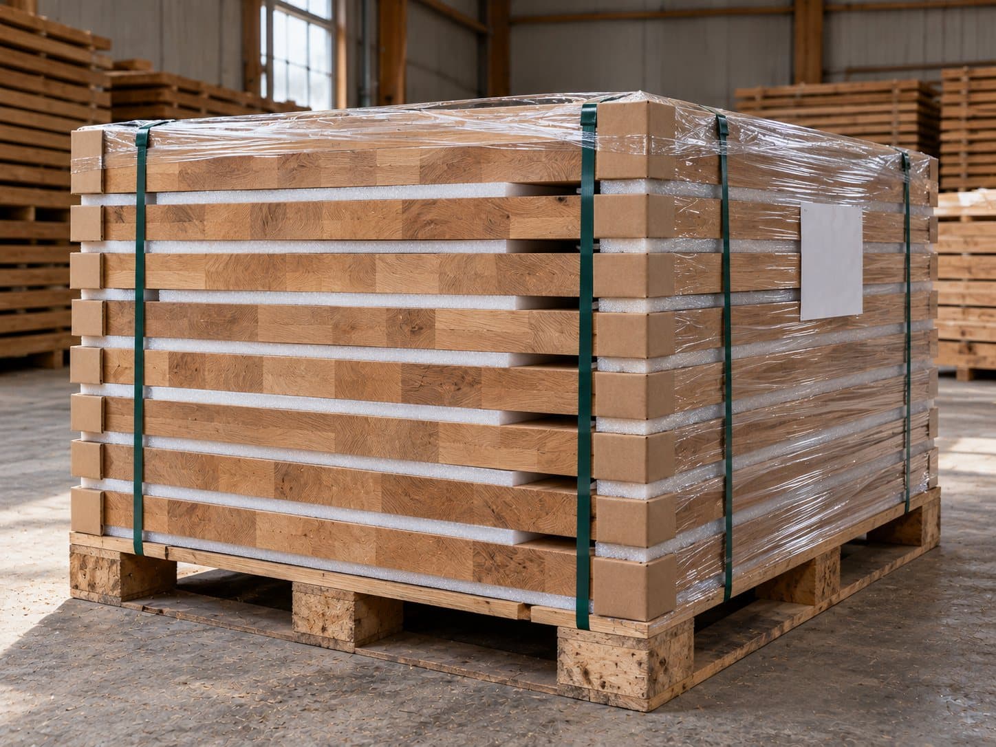 Oak panels packed and strapped on a pallet